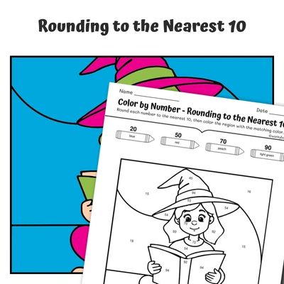 Round to 10 Color by Number — Witch Reading a Spellbook - worksheet educational content