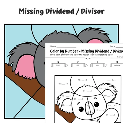 Missing Number Division Color by Number — Zoo Animal  Koala - 2 - worksheet educational content