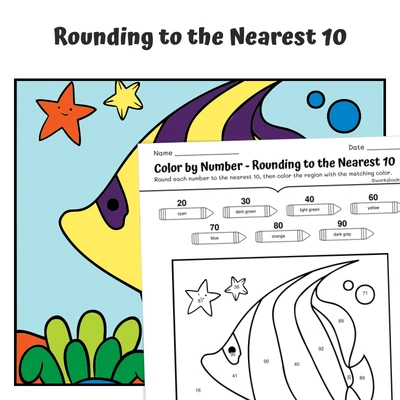 Round to 10 Color by Number — fish 20 - worksheet educational content