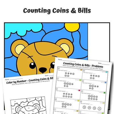 Count Money Color by Number — Bear Cub holding heart - worksheet educational content