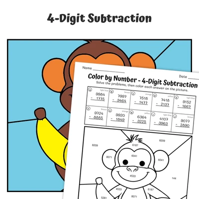 4-Digit Subtraction Color by Number — Zoo Animal Chimpanzee - 2 - worksheet educational content