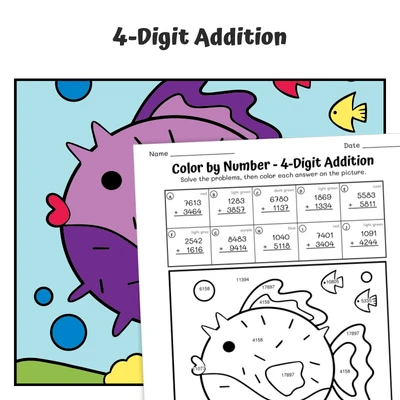 4-Digit Addition Color by Number — fish 16 - worksheet educational content