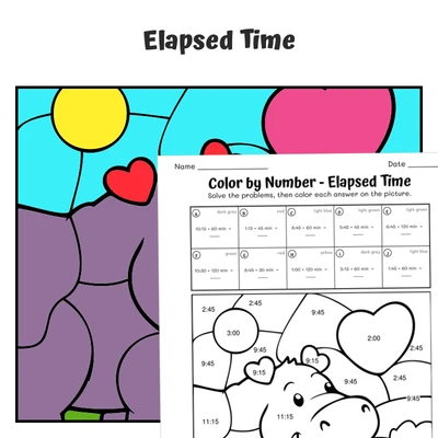 Elapsed Time Color by Number — Toucan with a flower in beak - worksheet educational content