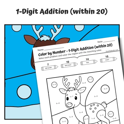 Addition within 20 Color by Number — Artic Animal Caribou - worksheet educational content