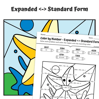 Expanded Form Color by Number — Yellow and Beige Starfish - worksheet educational content