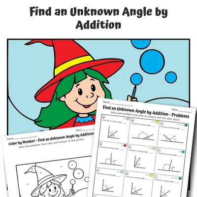 Unknown Angle Color by Number — Witch and Bubbles - worksheet educational content