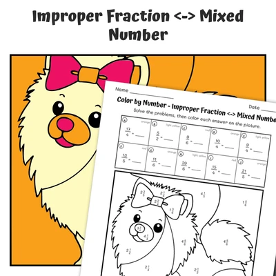 Improper & Mixed Color by Number — Pomeranian with Rainbow Bow - worksheet educational content