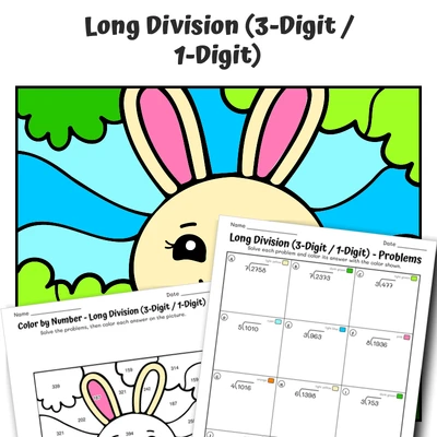 Long Division 3/1 Color by Number — Bunny with a Smiling Carrot - worksheet educational content