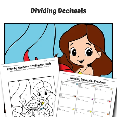 Divide Decimals Color by Number — Mermaid with a crab - worksheet educational content