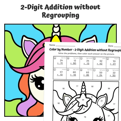 2-Digit Addition (no regrouping) Color by Number — unicorn with star on its forehead - worksheet educational content
