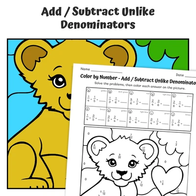 Fractions (unlike denom) Color by Number — Lion Cub - worksheet educational content