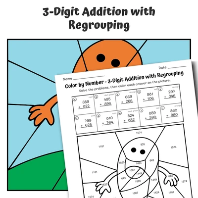 3-Digit Addition (regrouping) Color by Number — Jolly Jelly Bean - worksheet educational content