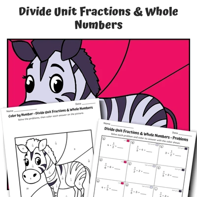 Divide Fractions Color by Number — Zoo Animal  Zebra - worksheet educational content