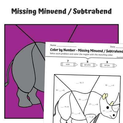 Missing Number Subtraction Color by Number — Zoo Animal  Rhinoceros - worksheet educational content