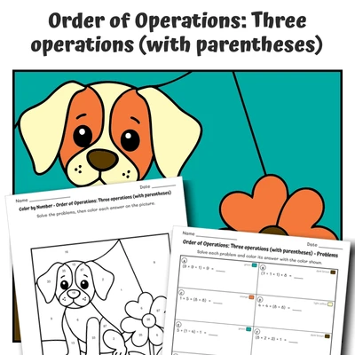 Order of Operations Color by Number — Curious Beagle with Flower - worksheet educational content