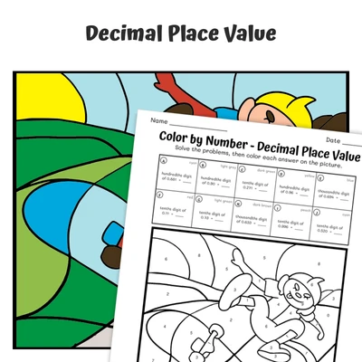 Decimal Place Value Color by Number — Ooki skateboarding - worksheet educational content