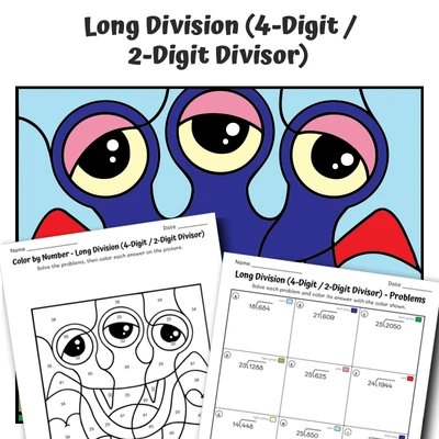 Long Division (advanced) Color by Number — Monster with a Big Heart - worksheet educational content