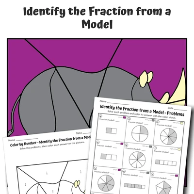 Identify Fractions Color by Number — Zoo Animal  Rhinoceros - worksheet educational content