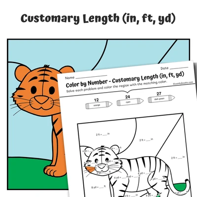 Customary Length Color by Number — Zoo Animal Tiger - worksheet educational content
