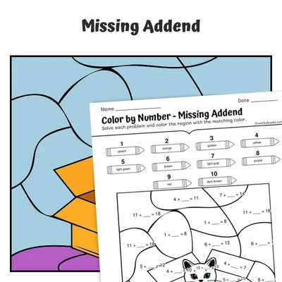 Missing Addend Color by Number — Cat in a carton box - worksheet educational content