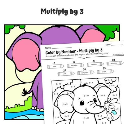 × 3 Color by Number — Elephant Spraying Water Playfully - worksheet educational content
