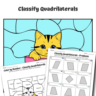 Classify Quadrilaterals Color by Number — Cat in a cup - worksheet educational content