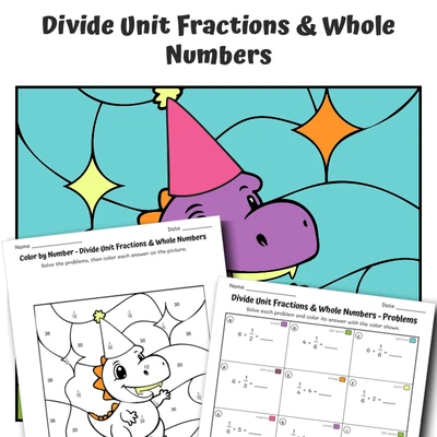 Divide Fractions Color by Number — Dinosaur Wearing a Party Hat - worksheet educational content