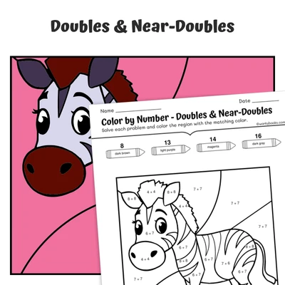 Doubles Color by Number — Zoo Animal  Zebra - 2 - worksheet educational content