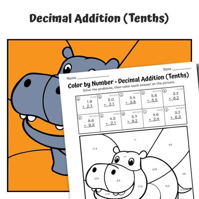 Decimal Addition (tenths) Color by Number — Zoo Animal Hippopotamus - worksheet educational content