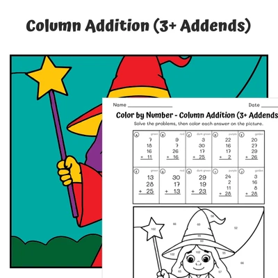 Column Addition Color by Number — Witch with a Magic Wand - worksheet educational content