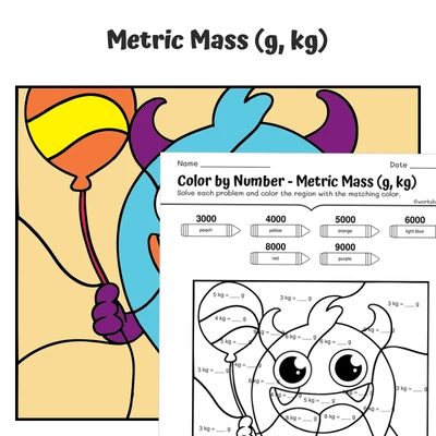 Metric Mass Color by Number — Monster with a Candy - worksheet educational content