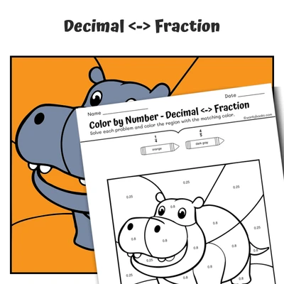 Decimal to Fraction Color by Number — Zoo Animal Hippopotamus - worksheet educational content