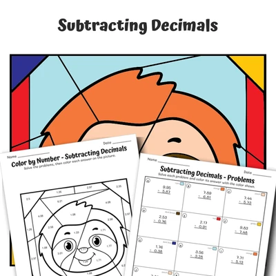 Subtract Decimals Color by Number — Animal face - Sloth - worksheet educational content