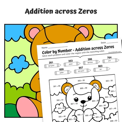 Add across Zeros Color by Number — Teddy Bear's Heart - worksheet educational content