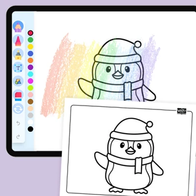 Penguin with santa cap - coloring educational content