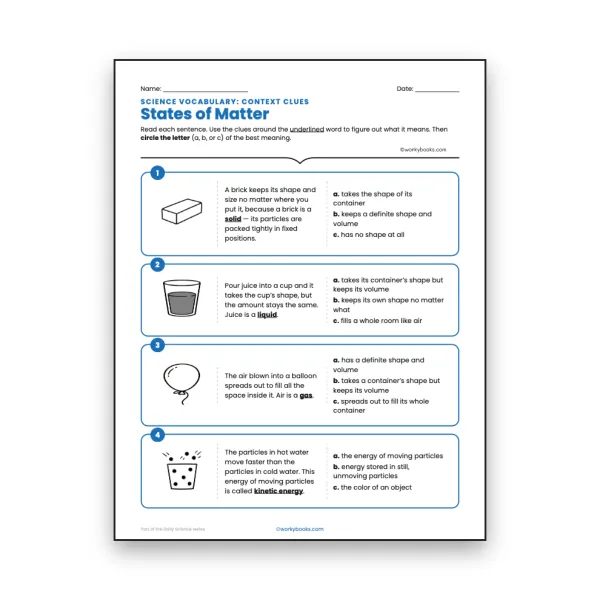States of Matter - Context Clues - worksheet educational content