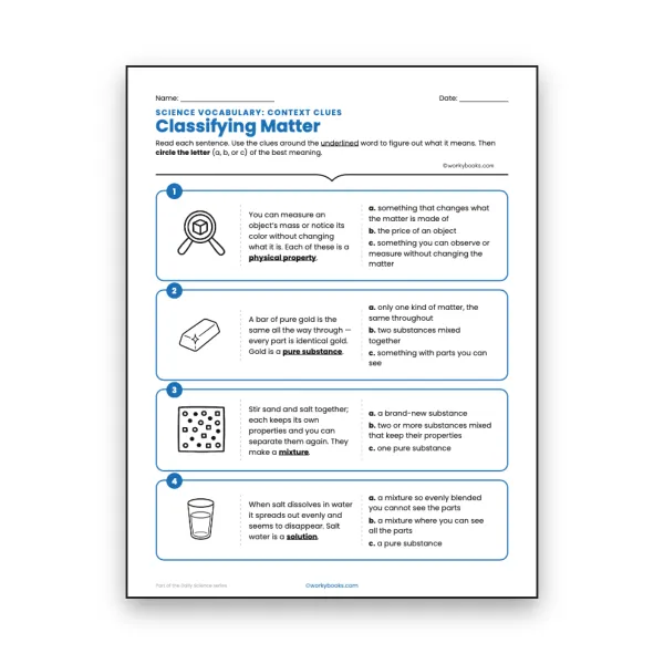 Classifying Matter - Context Clues Activity - worksheet educational content
