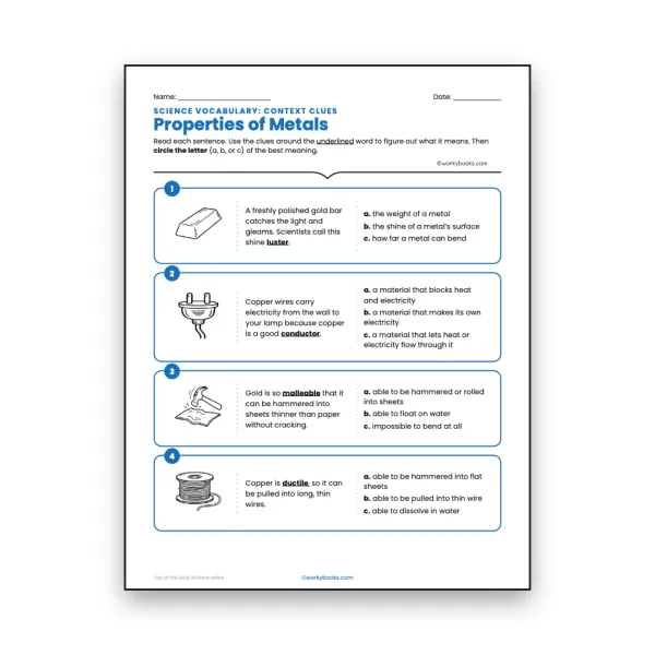 Properties of Metals - Context Clues Activity - worksheet educational content