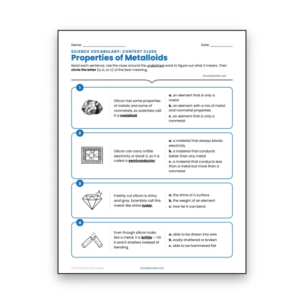 Properties of Metalloids - Context Clues Activity - worksheet educational content