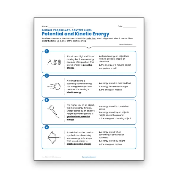 Potential and Kinetic Energy - Context Clues Activity - worksheet educational content