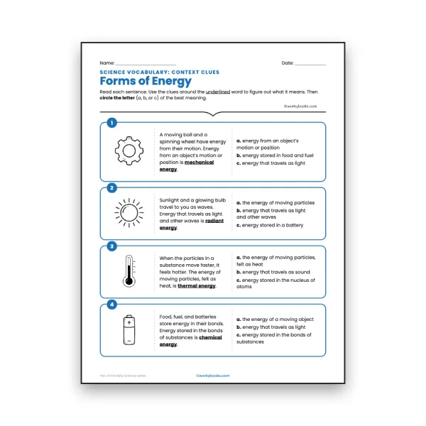 Forms of Energy - Context Clues Activity - worksheet educational content