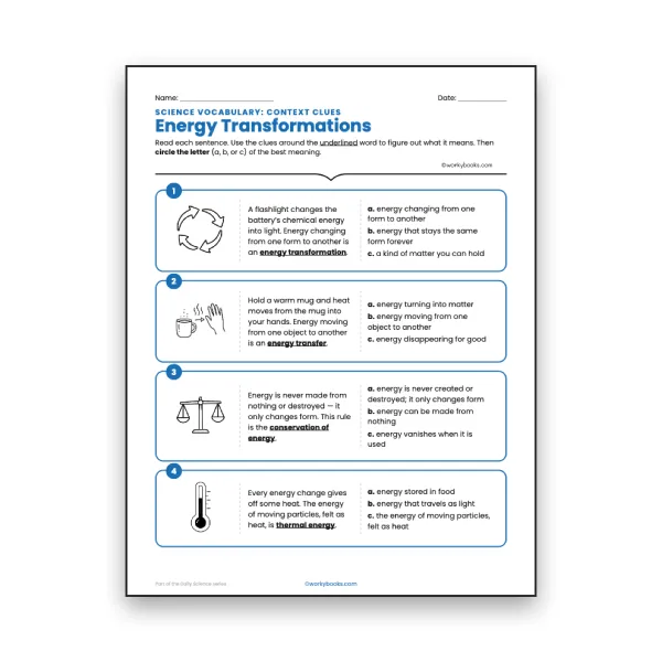 Energy Transformations - Context Clues Activity - worksheet educational content