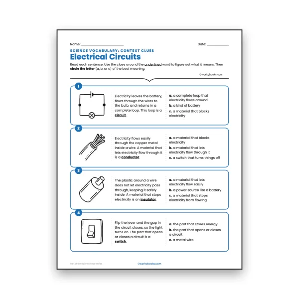 Electrical Circuits - Context Clues Activity worksheet for grade 6