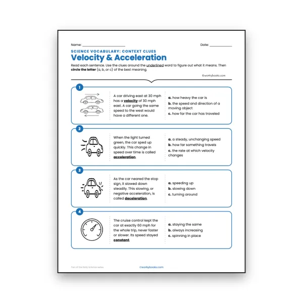 Velocity & Acceleration - Context Clues Activity - worksheet educational content