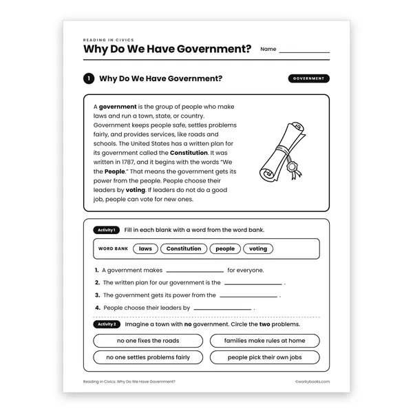 Why Do We Have Government? worksheet for grade 3