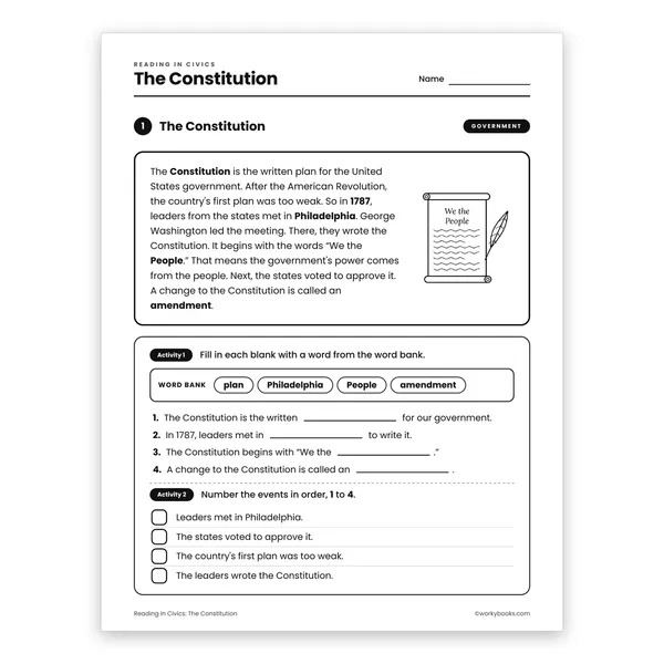 The Constitution worksheet for grade 3