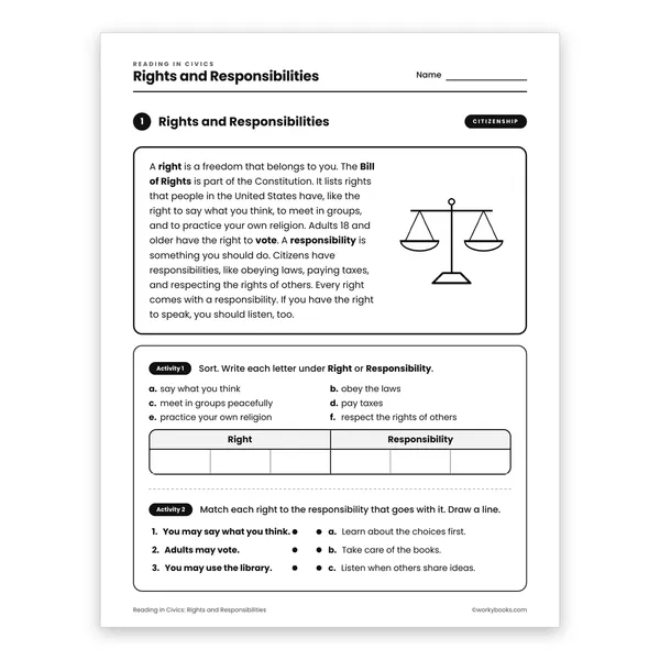 Rights and Responsibilities worksheet for grade 3