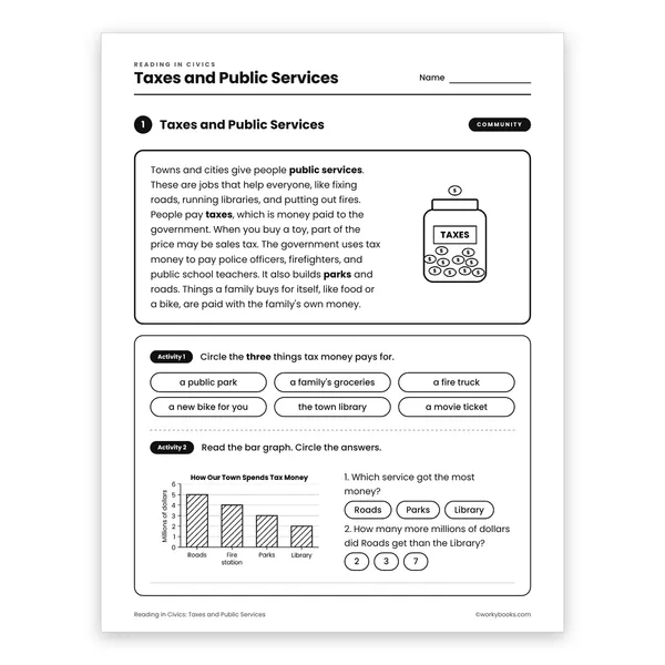 Taxes and Public Services worksheet for grade 3