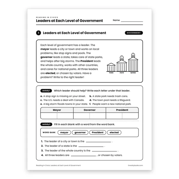 Leaders at Each Level of Government worksheet for grade 3