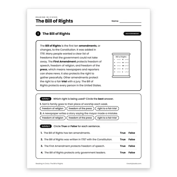 The Bill of Rights worksheet for grade 3